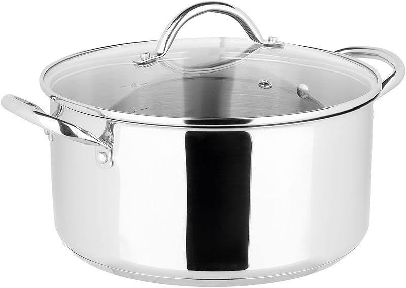 Sitram Endurance 717095 Stewing Pot Diameter 24 cm 100% Stainless Steel with Glass Lid – 3-Ply Base – Interior