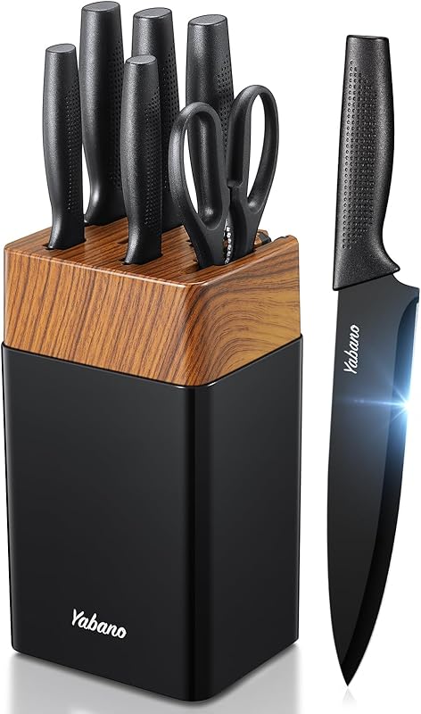 Yabano 7 Piece Kitchen Knife Set with Built-in Block and Sharpener, Plastic Kitchen Knife Block, Ultra-Sharp S
