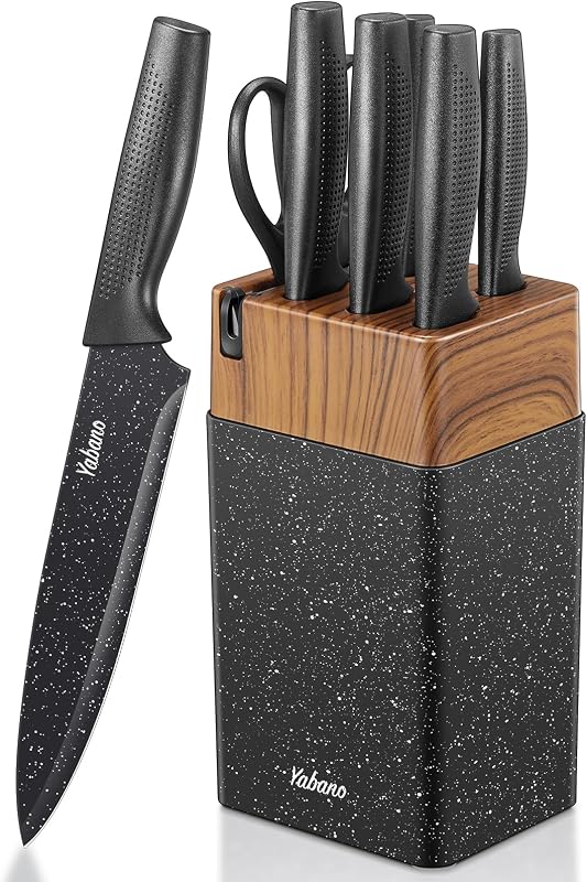 Yabano 7 Piece Kitchen Knife Set with Built-in Block and Sharpener, Plastic Kitchen Knife Block, Ultra-Sharp S