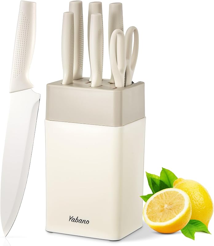 Yabano 7 Piece Kitchen Knife Set with Built-in Block and Sharpener, Plastic Kitchen Knife Block, Ultra-Sharp S