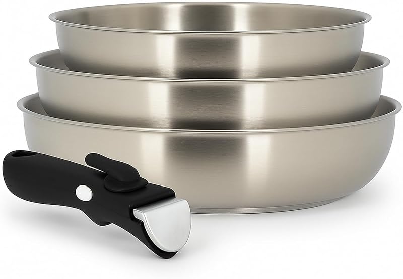MENASTYL - Set of 3 removable Iris stainless steel frying pans without PFAS - Suitable for all heat sources in