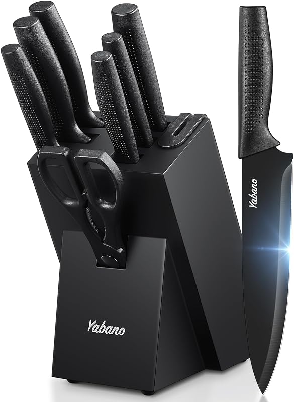 Yabano Kitchen Knives, Set of 8 Stainless Steel Knife Block with Built-in Sharpener, Sharp Black Knives with B