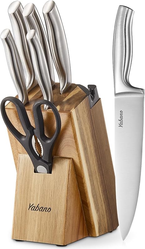Yabano Kitchen Knives, 7 Piece German Stainless Steel Knife Block with Built-in Sharpener, Knife Set with Scis