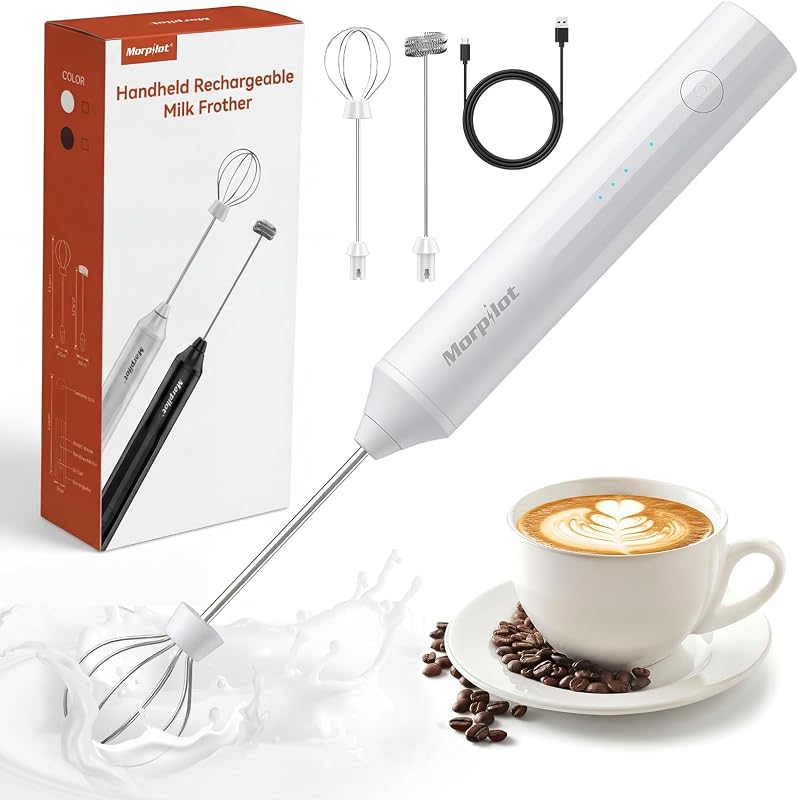Morpilot USB Rechargeable Milk Frother with 2 Stainless Steel Stirring Heads, Portable Mini Electric Whisk wit