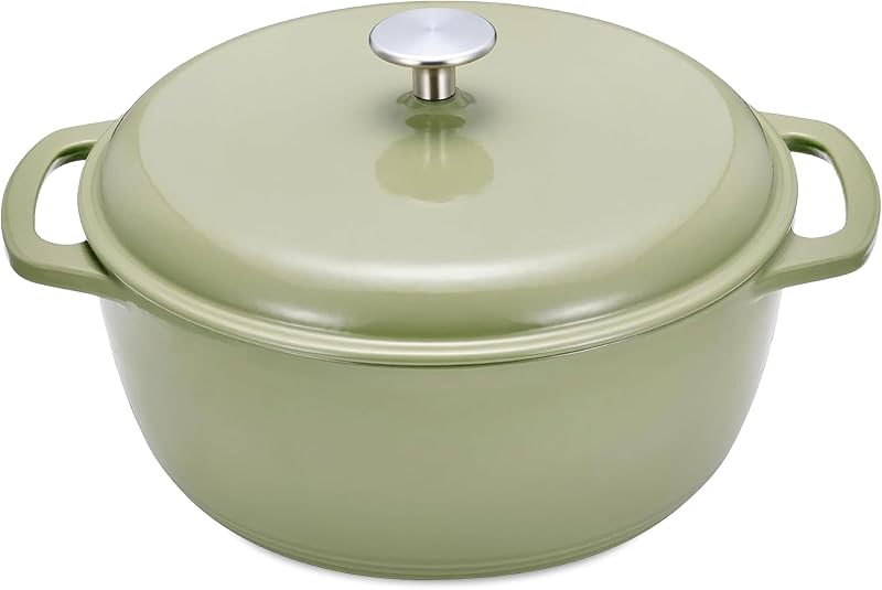 Amazon Basics Enamelled Cast Iron Round Casserole with Lid, 5.7 L, Olive