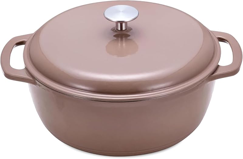 Amazon Basics Enamelled Cast Iron Round Casserole with Lid, 5.7 L, Clay