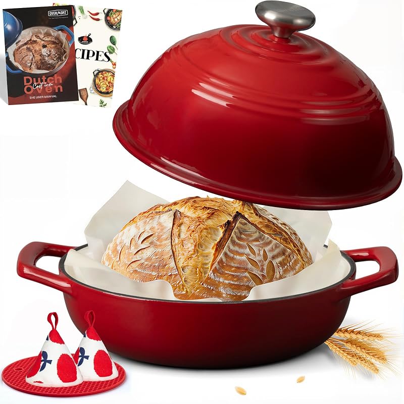 Overmont Cocotte en Fonte Émaillée à Pain – 5,7 L Faitout avec Couvercle et Livre de Recettes – Cuisson du Pai