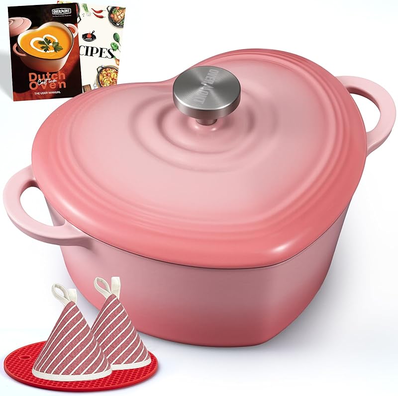 Overmont Cocotte en Fonte Émaillée Cœur – 1,89 L Faitout avec Couvercle et Livre de Recettes – Pour Cuisson au