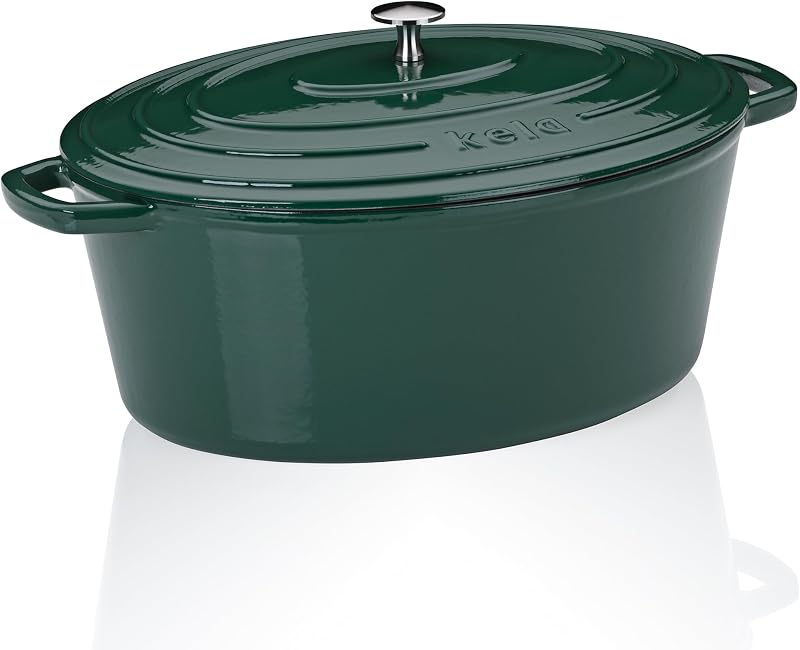 kela Cast Iron Oval Casserole Dish, 9.3 Litre, Induction Dutch Oven with Lid, Enameled Cast Iron (Green)