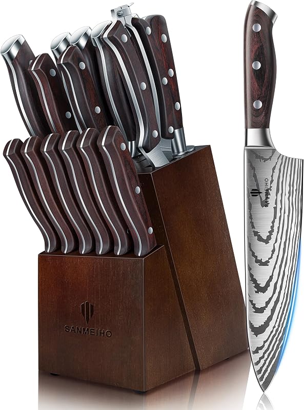 SANMEIHO Ensemble de Couteaux 16PCS, Bloc Couteaux de Cuisine | Ultrascharfes Messerset für die Küche mit Bloc