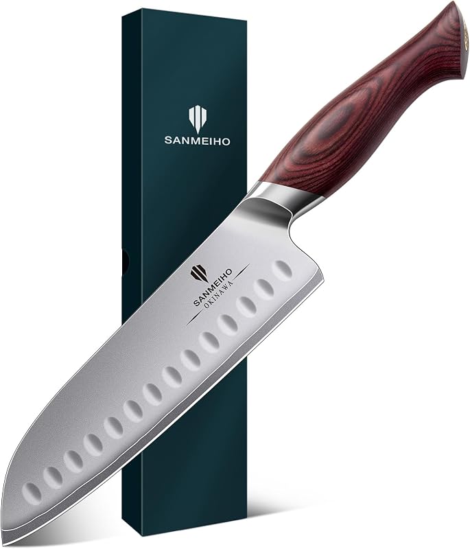 SANMEIHO Santoku Kitchen Knife 18 cm, Ultra-Sharp 12° Blade, Super Hard Japanese Steel 10Cr15MoV (62HRC) and E