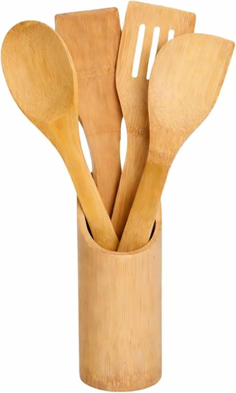 PARENCE - WOODEN KITCHEN UTENSILS 5 PIECES 30 CM – Bamboo Set with Stand – Spatulas and Spoon for Kitchen