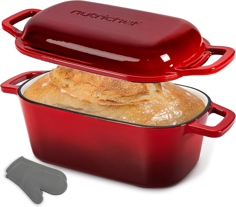 NutriChef Enamelled Cast Iron Loaf Pan with Lid - Dutch Oven 2.7L Oval Casserole for Sourdough Bread, Craft Br