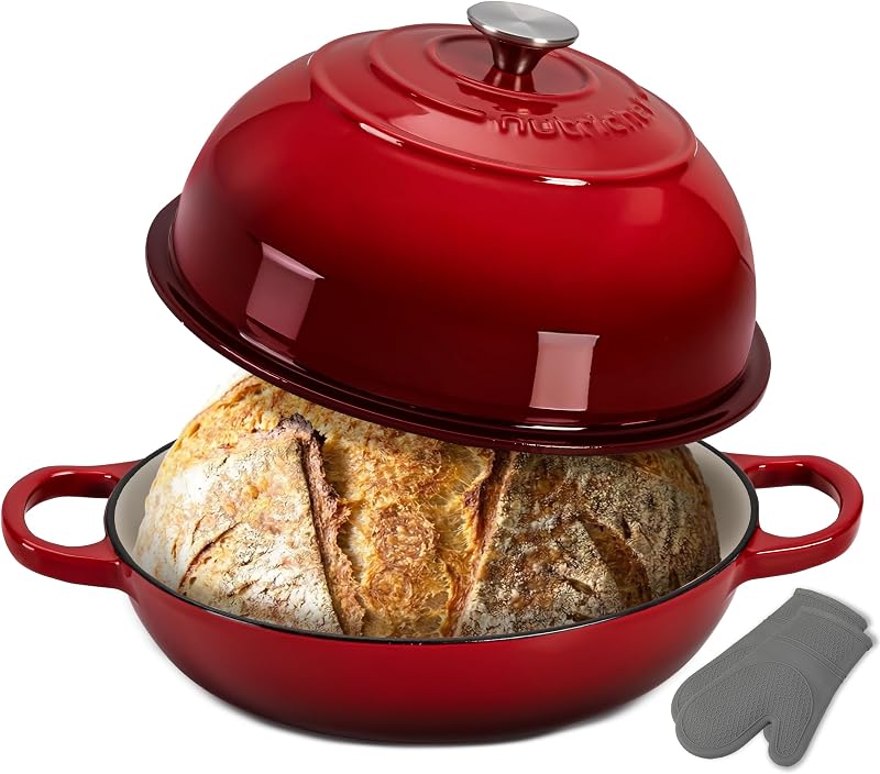 NutriChef Enamelled Cast Iron Bread Oven with Dome Lid - Dutch Oven 26cm Dutch Oven for Sourdough Bread, Craft