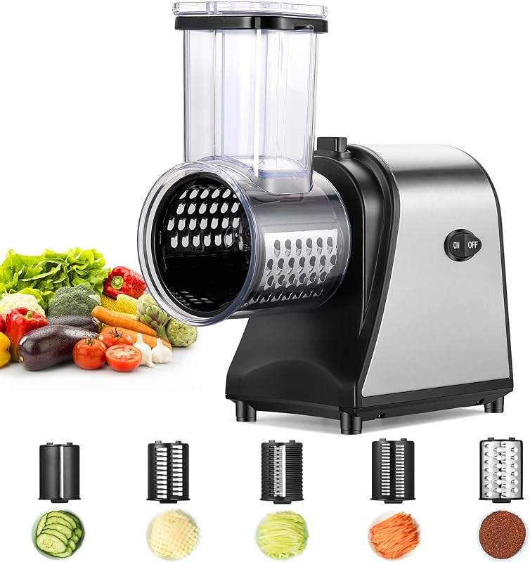 Professional Electric Vegetable Slicer 250W - Stainless Steel Cheese Grater & Mandolin with 5 Blades - Extra L