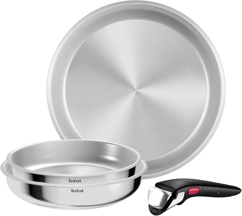 Tefal Comfort Max 4-Piece Cookware Set, Stainless Steel Uncoated, Stackable Pans & Pans, Removable Handle, L96