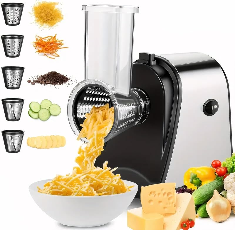 COOCHEER 5-in-1 Electric Grater 250W - Stainless Steel, BPA Free | Pro vegetable cutter with 5 cones. Ideal fo